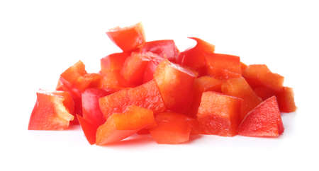 Ripe cut red pepper on white backgroundの写真素材