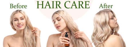 Beautiful young woman before and after taking care of her hair on white backgroundの写真素材