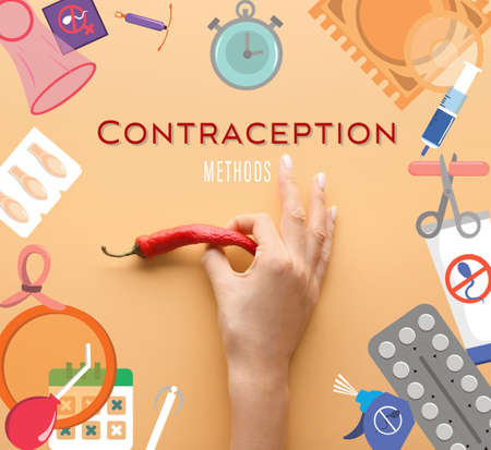 Female hand with chili pepper and different illustrated methods of contraception on color backgroundの写真素材
