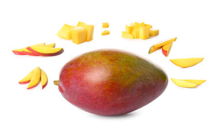 Sweet ripe mangoes on white backgroundの写真素材