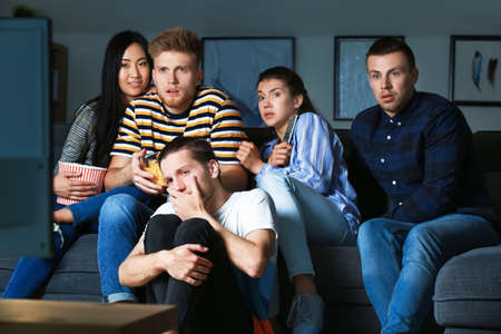 Friends watching horror movie on TV at home in eveningの写真素材