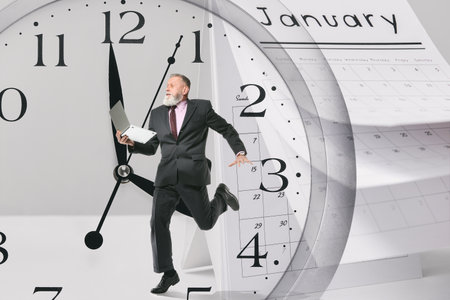Multiple exposure of running mature businessman with clock and calendar. Deadline concept
