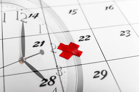 Double exposure of clock and calendar with marked date. Deadline concept