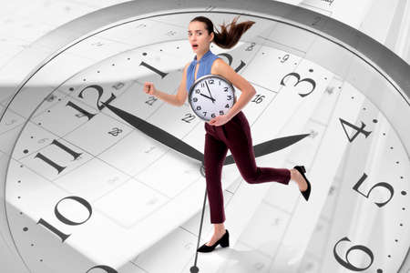 Multiple exposure of running young businesswoman with clocks and calendar. Deadline concept