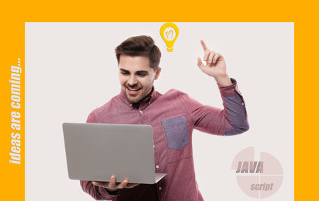 Happy male programmer with laptop on white backgroundの写真素材