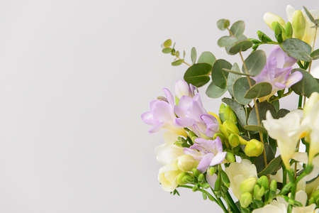 Bouquet of beautiful freesia flowers on light backgroundの写真素材