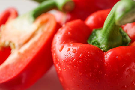 Ripe red pepper with water drops, closeupの写真素材