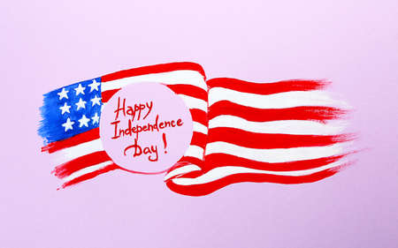 Painting of USA flag with text HAPPY INDEPENDENCE DAY on color backgroundの写真素材