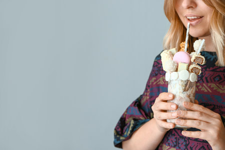 Woman with delicious freak shake on gray backgroundの写真素材