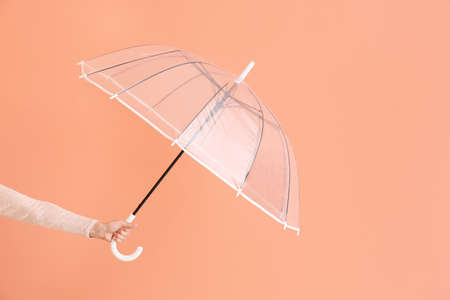 Female hand with stylish umbrella on color backgroundの写真素材