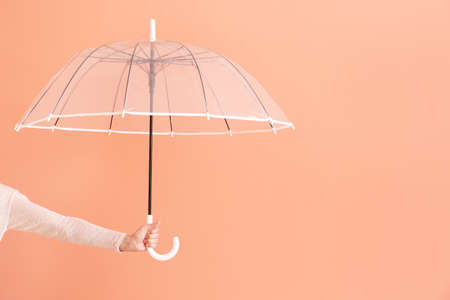 Female hand with stylish umbrella on color backgroundの写真素材