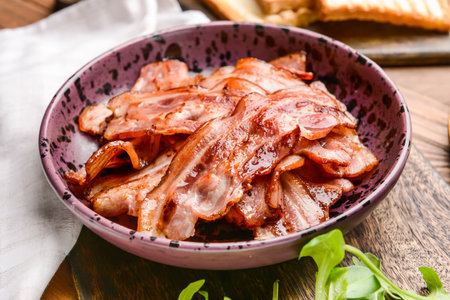 Plate with fried bacon on wooden tableの写真素材