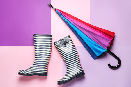 Stylish umbrella and gumboots on color backgroundの写真素材