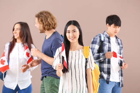 Group of students with Canadian flags on color background