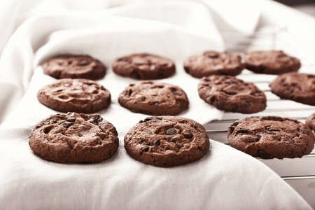 Tasty chocolate cookies on cooling rack