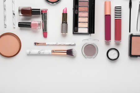 Set of decorative cosmetics on white backgroundの写真素材