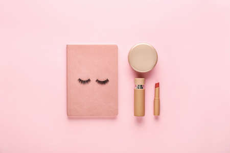 Set of decorative cosmetics on color background