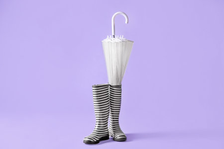 Gumboots and umbrella on color backgroundの写真素材