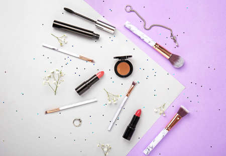 Set of decorative cosmetics and accessories on light backgroundの写真素材