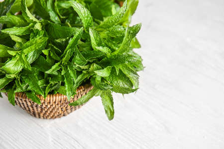 Basket with green mint on white background