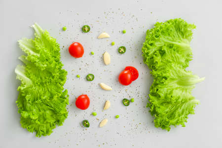 Fresh vegetables and spices on gray backgroundの写真素材