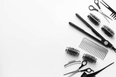 Set of hairdresser tools and accessories on white backgroundの写真素材