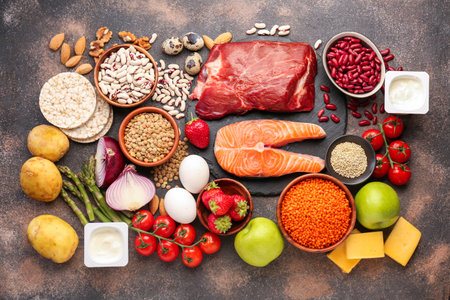 Different healthy food on gray backgroundの写真素材