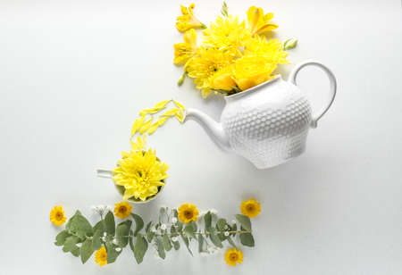 Beautiful composition with flowers and teapot on white backgroundの写真素材