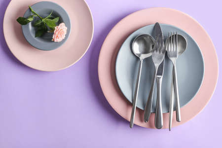 Simple table setting on color backgroundの写真素材