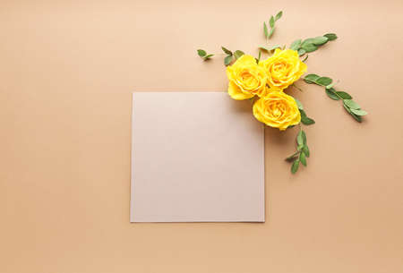 Beautiful composition with flowers and blank card on color background