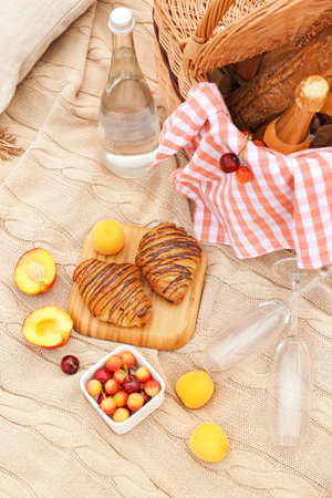 Tasty croissants, fruits and drink for romantic picnic on plaidの写真素材