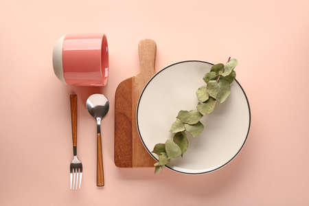 New tableware on color backgroundの写真素材