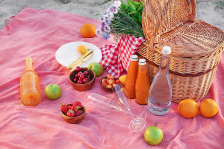 Wicker basket with tasty food and drink for romantic picnic on beachの写真素材