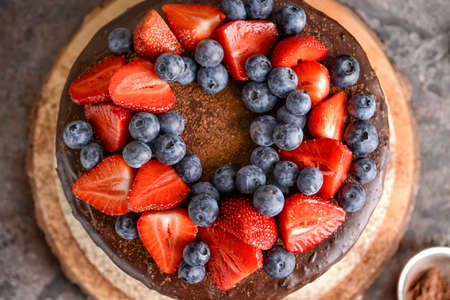 Tasty chocolate cake on tableの写真素材