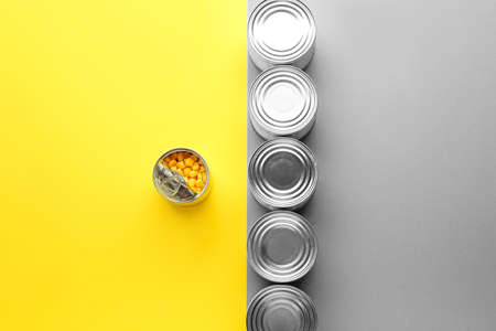 Tin cans with food on color backgroundの写真素材