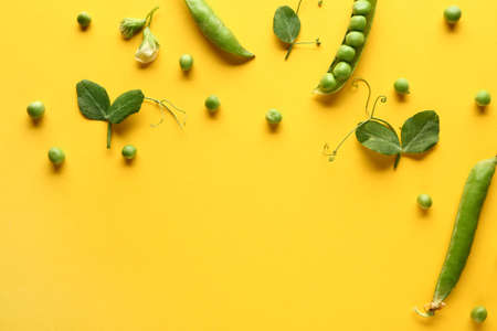 Tasty fresh peas on color backgroundの写真素材