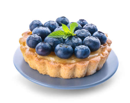 Tasty tart with blueberry on white backgroundの写真素材