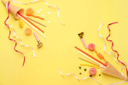 Composition with Birthday decor on color background