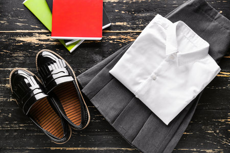 School uniform and stationery on wooden backgroundの写真素材