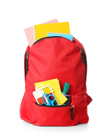 School backpack with stationery on white backgroundの写真素材