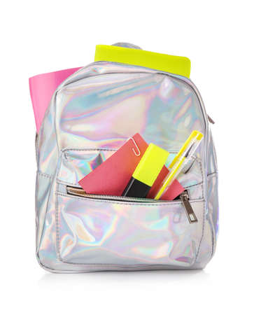 School backpack with stationery on white backgroundの写真素材
