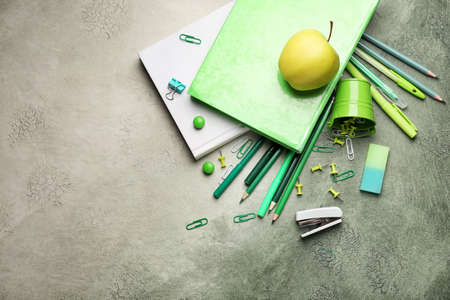 Different school stationery on color backgroundの写真素材