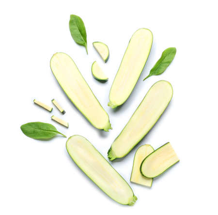 Cut zucchini squashes on white backgroundの写真素材