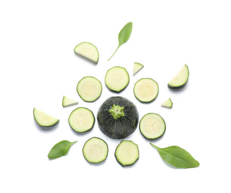 Cut zucchini squashes on white backgroundの写真素材