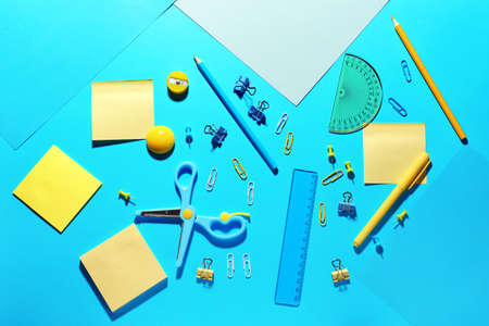 Different school stationery on color backgroundの写真素材