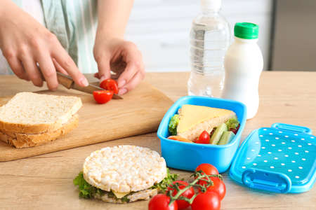 Woman preparing tasty lunch in kitchenの写真素材