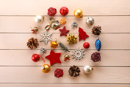 Beautiful Christmas decor on wooden backgroundの写真素材