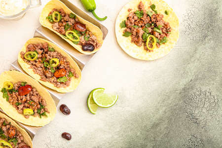 Stand with tasty fresh tacos on light background