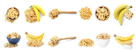 Crispy banana chips on white backgroundの写真素材