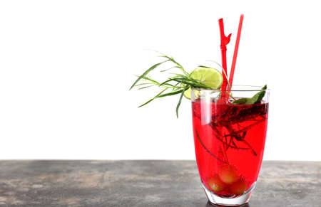 Glass of tasty summer cocktail on tableの写真素材